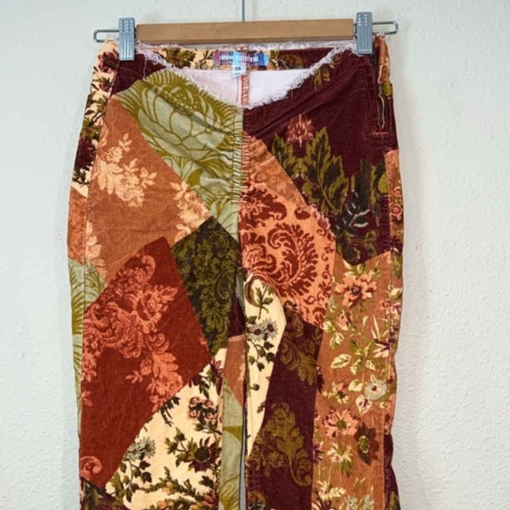 Velvet Floral Patchwork 60s 70s Vintage Aesthetic Bell Bottom Flare Pants Boho - Picture 5 of 15